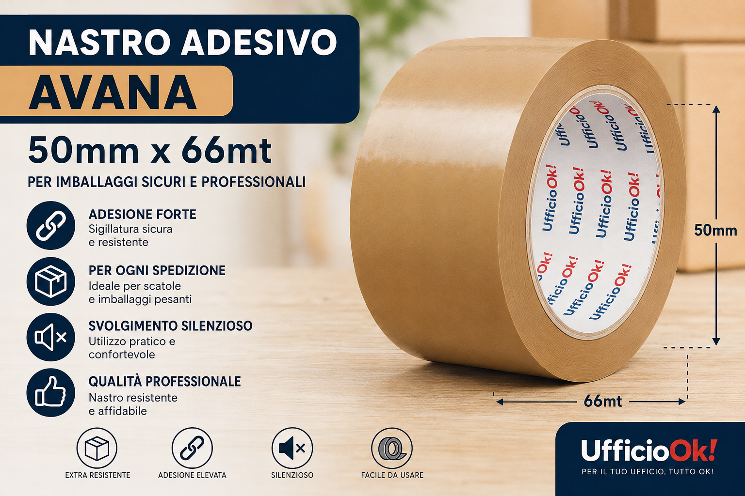 Nastro Adesivo Avana 50x66 per Imballaggio e Spedizioni Professionali