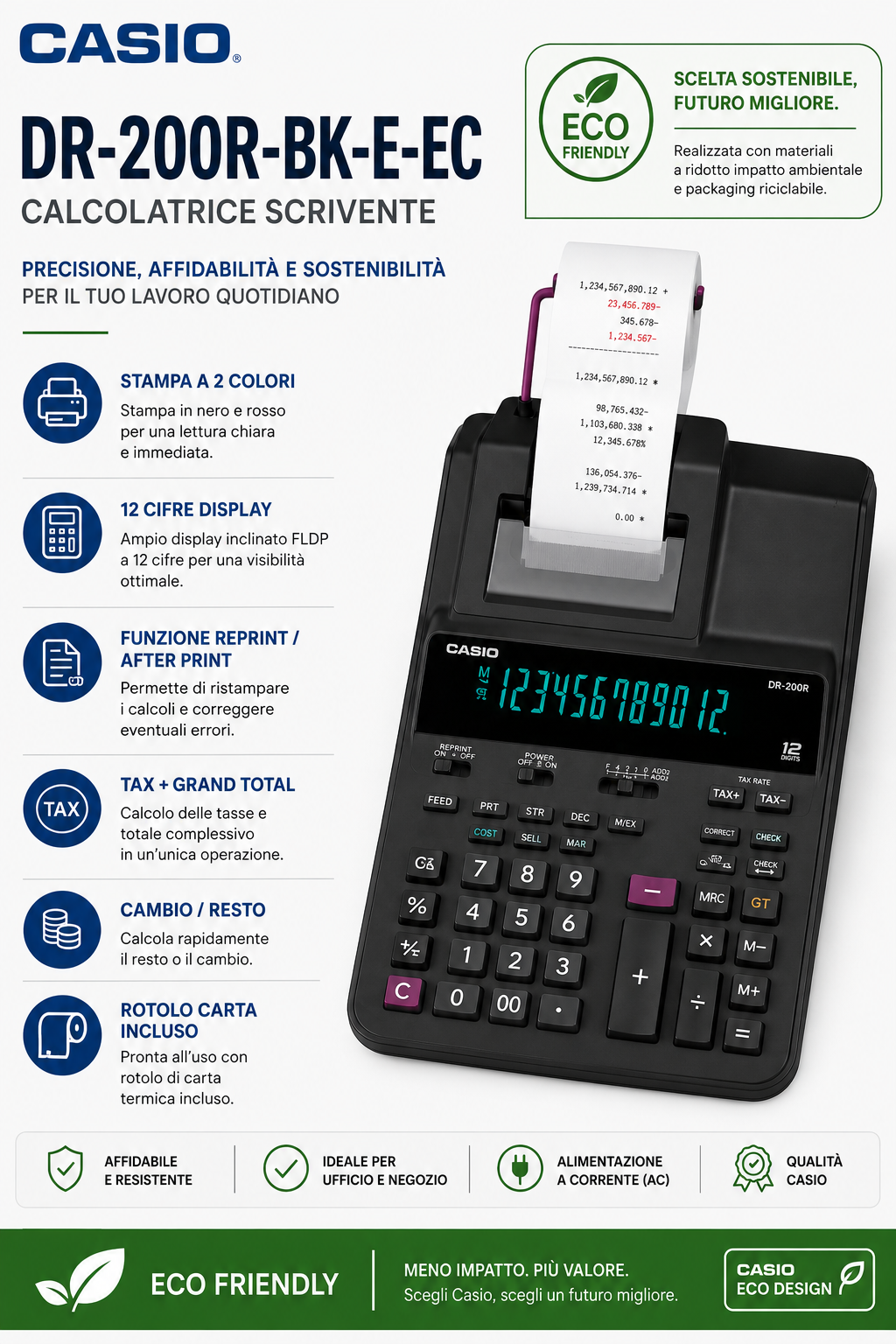 Calcolatrice Scrivente Casio DR-200R-BK-E-EC 12 Cifre Eco Friendly