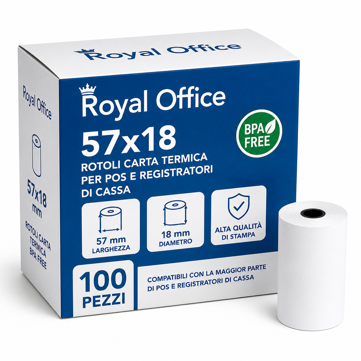 Rotoli Carta Termica 57x18 BPA Free per POS e Registratori di Cassa – Scatola 100 Pezzi Royal Office