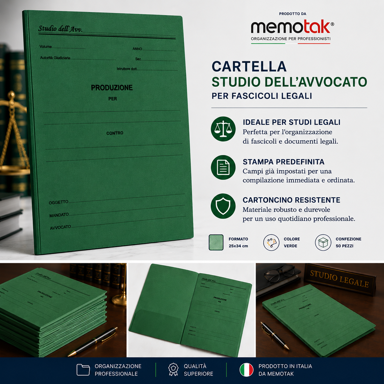 Cartella Studio dell'Avvocato Memotak Verde 25x34 cm 100 Pezzi