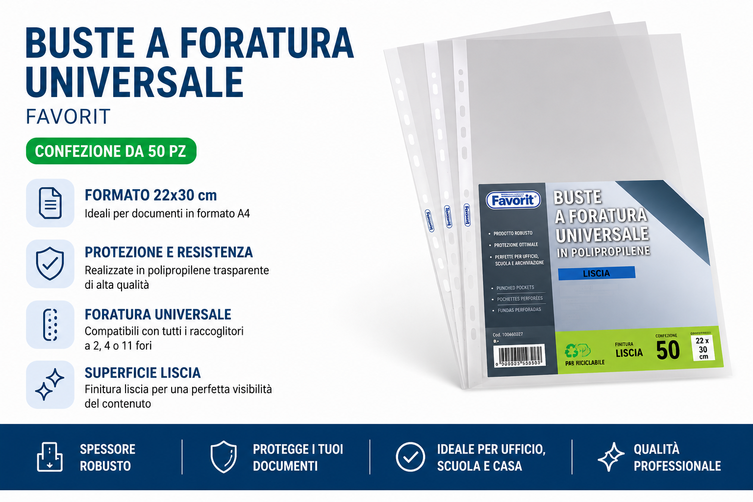 Buste a Foratura Universale A4 Favorit Superior - Confezione da 50 Pezzi