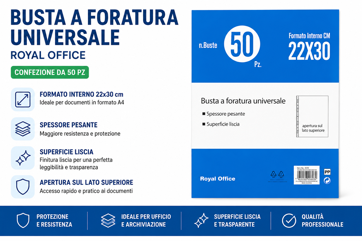 Buste a Foratura Universale A4 Royal Office alto spessore- Confezione da 50 Pezzi