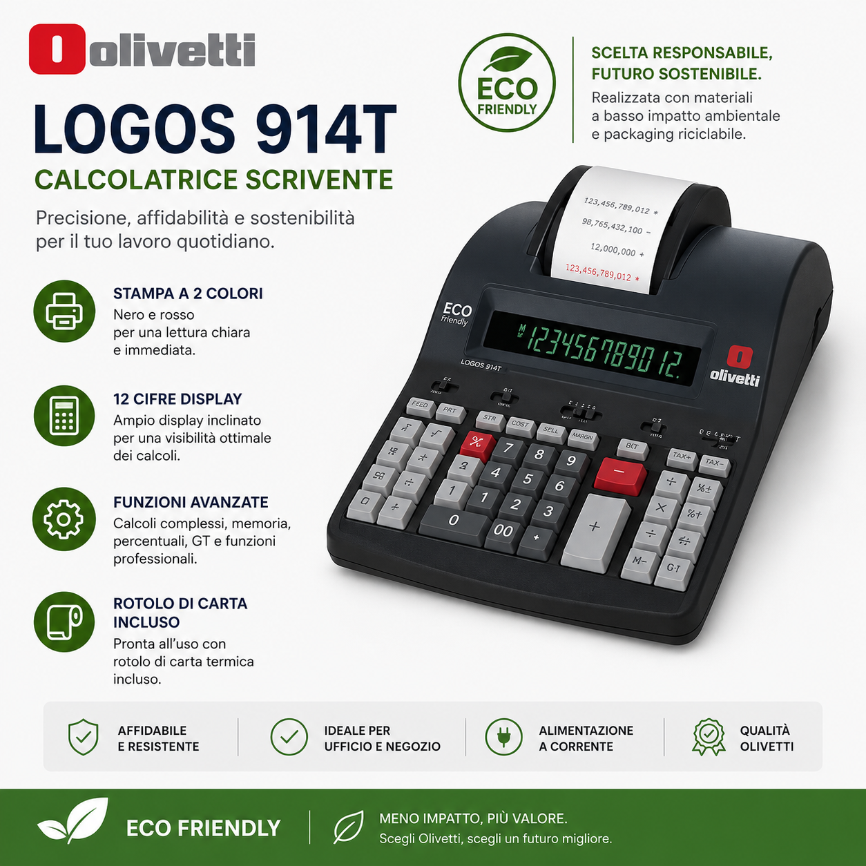 Calcolatrice Scrivente Professionale Olivetti Logos 914T - Display 14 Cifre