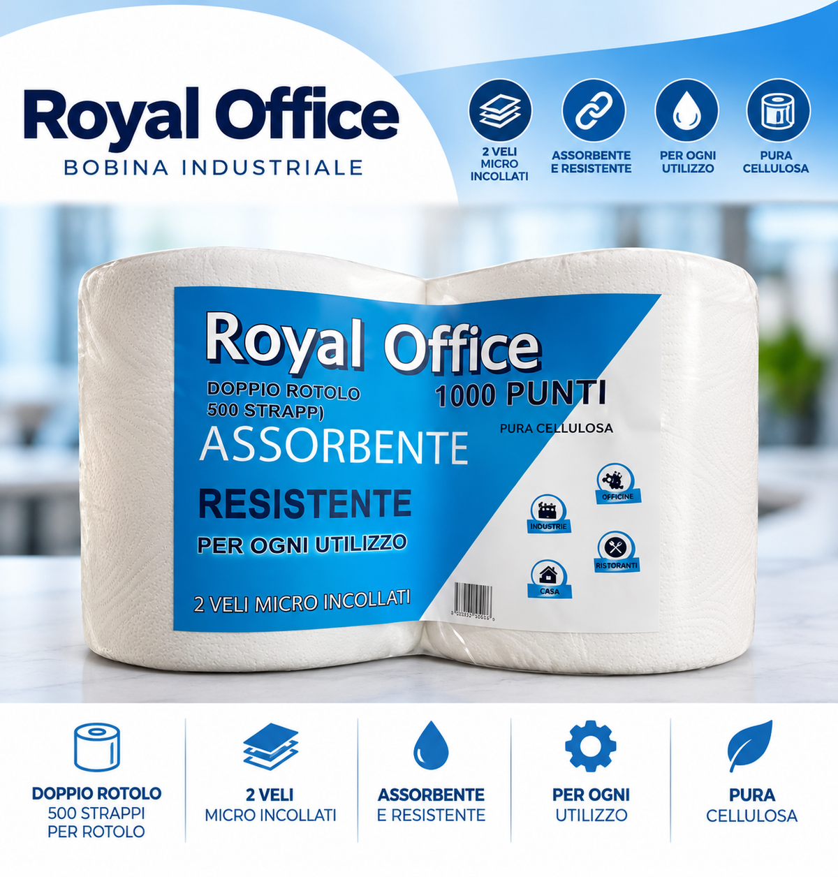 Confezione Royal Office con 2 bobine industriali in pura cellulosa a 2 veli, 800 strappi per rotolo