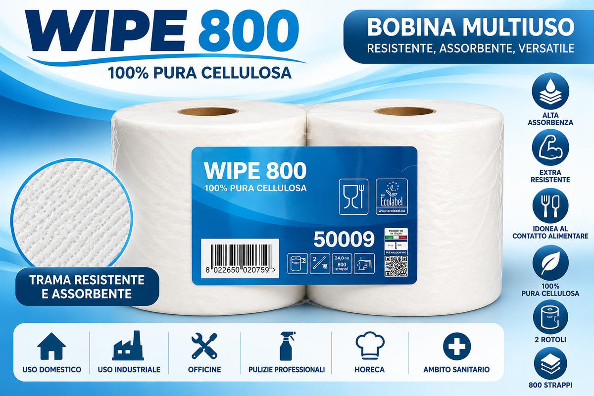 Celtex Wipe 800, bobina industriale in pura cellulosa a 2 veli, confezione da 2 rotoli