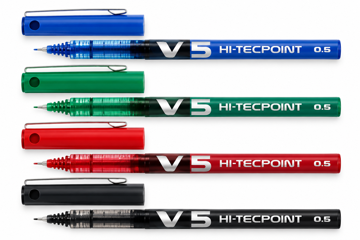 Penne Pilot V5 Hi-Tecpoint 0,5 mm con cappuccio nei colori blu, verde, rosso e nero