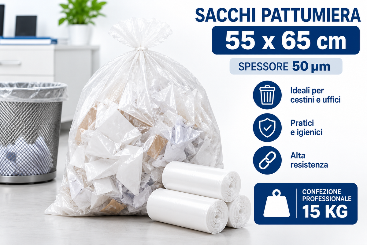 Sacchi pattumiera professionali 55×65 cm, spessore 50 µm, confezione da 15 kg
