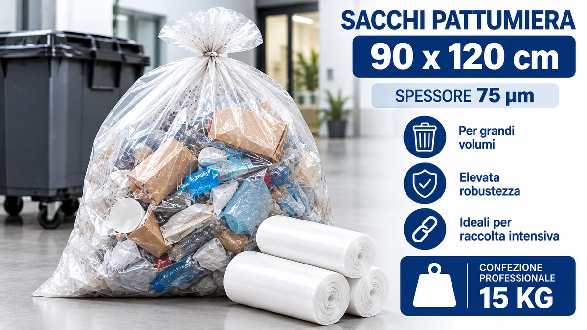 Sacchi pattumiera professionali 90×120 cm, spessore 75 µm, confezione da 15 kg