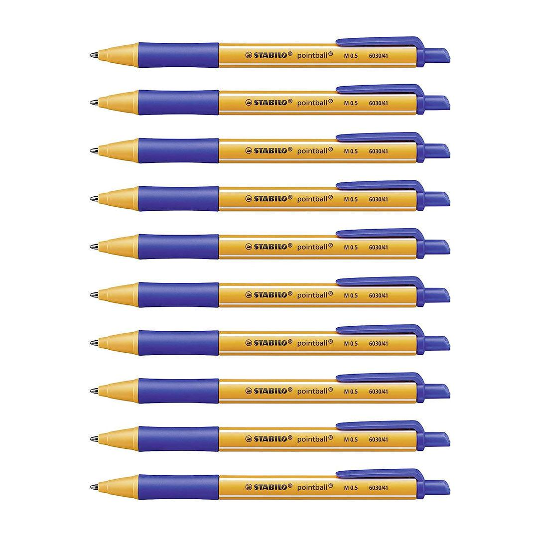 10 penne STABILO pointball blu con fusto arancione, impugnatura in gomma blu e meccanismo a scatto