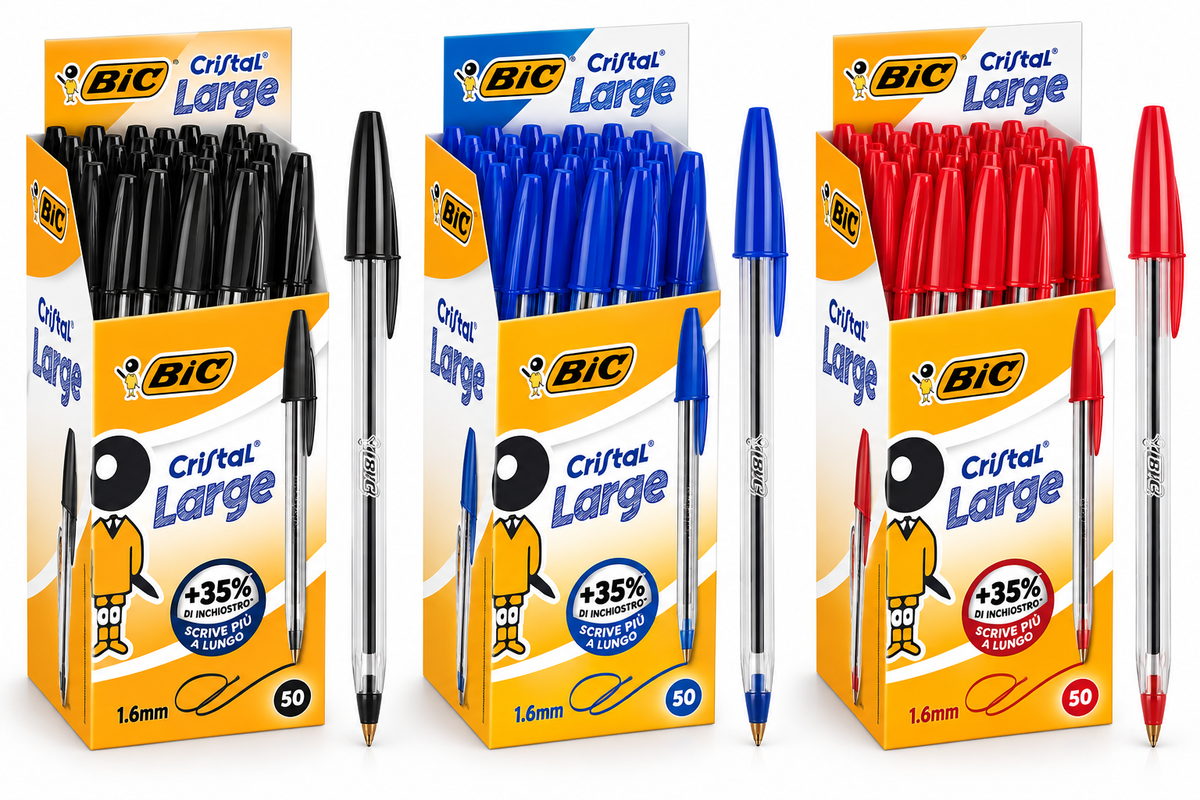 BIC Cristal Large con punta da 1,6 mm, confezioni da 50 penne nei colori nero, blu e rosso