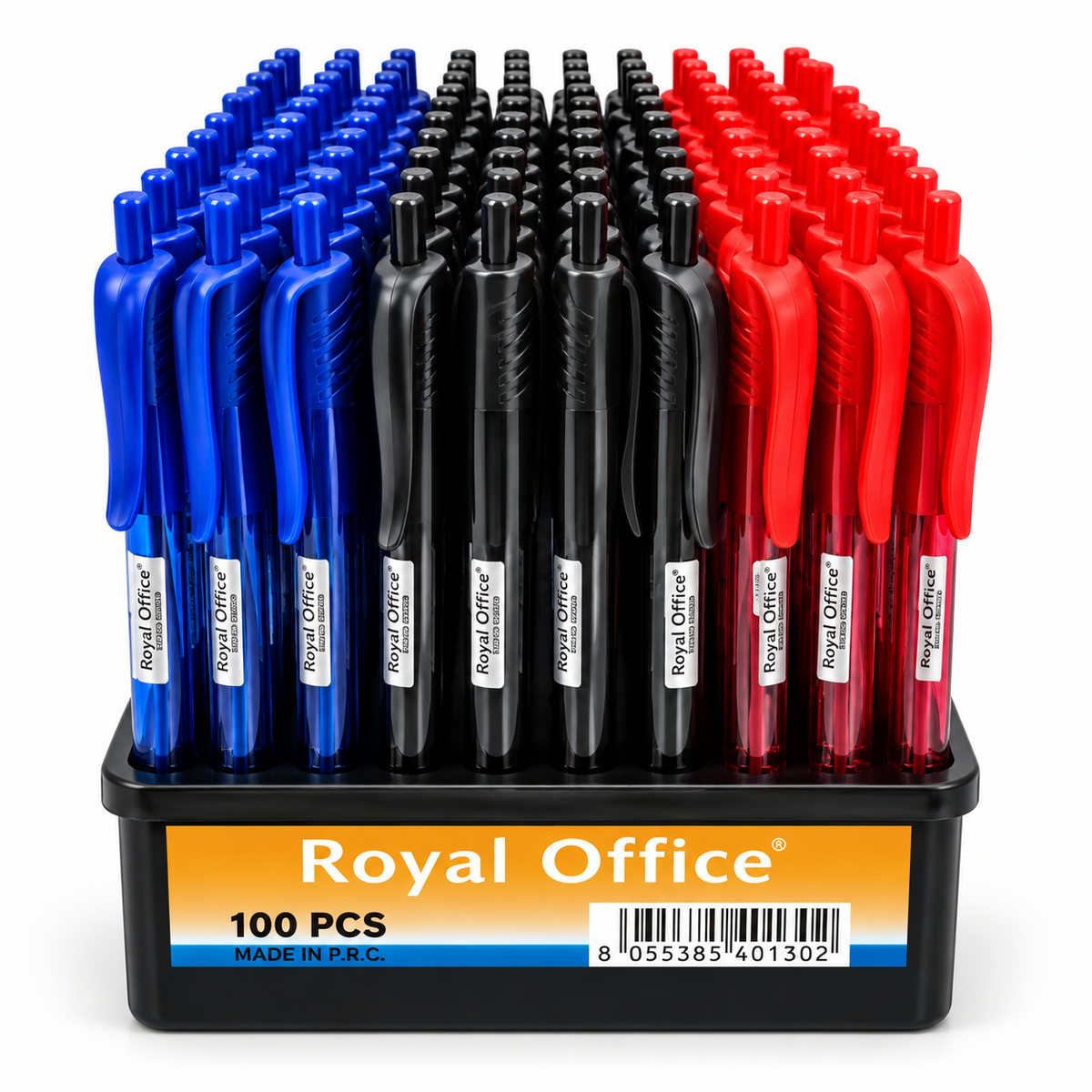 Espositore Royal Office con 100 penne a scatto assortite nere, blu e rosse
