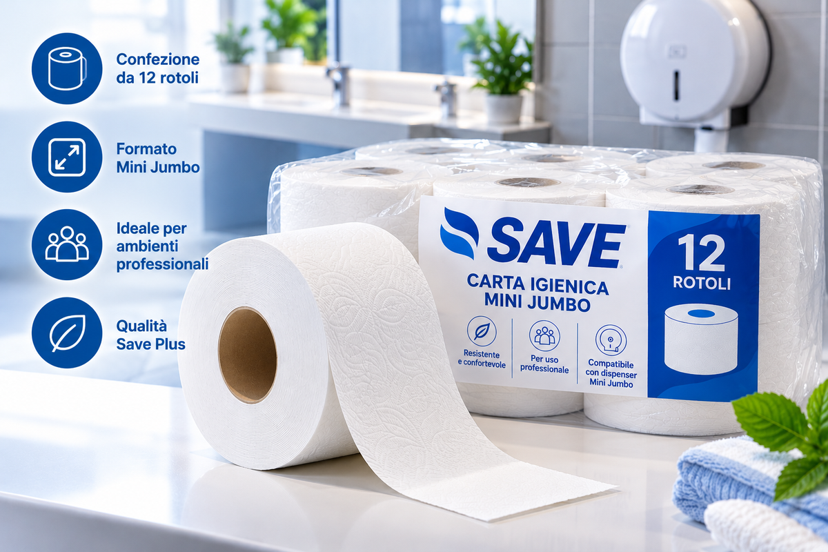 Carta igienica SAVE Plus Mini Jumbo, confezione da 12 rotoli e rotolo singolo.
