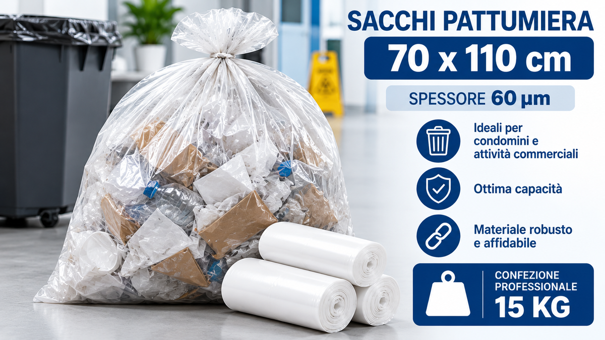 Sacchi pattumiera professionali 70×110 cm, spessore 60 µm, confezione da 15 kg