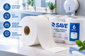 Carta igienica SAVE Jumbo Maxi: rotolo singolo e confezione da 6 rotoli in un ambiente bagno professionale.