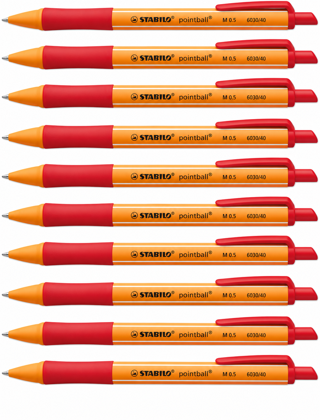 10 penne STABILO pointball rosse con fusto arancione, impugnatura in gomma rossa e meccanismo a scatto